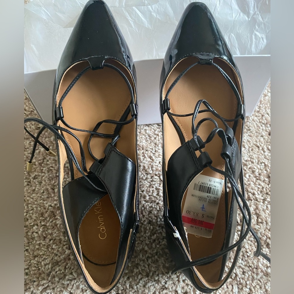 Calvin Klein Black Patent Leather Cross Lace Up front